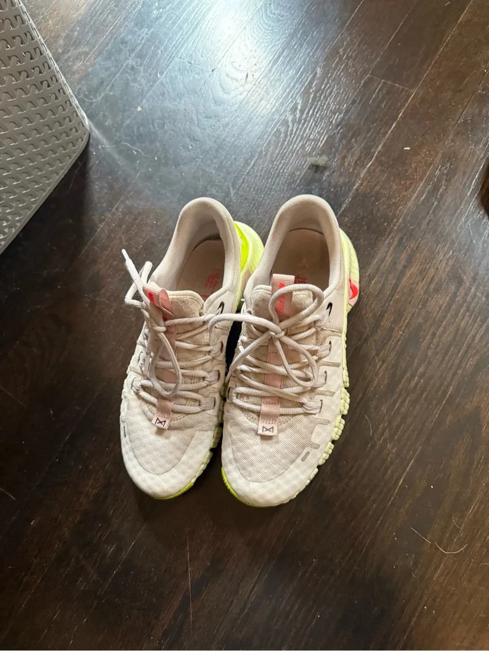 Nike Womens Beige Sneakers with Neon Green Heel and Coral Swoosh